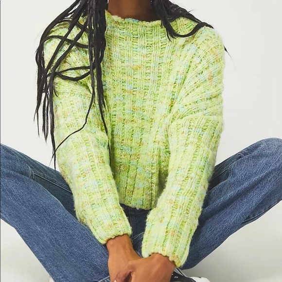 Free People Sweaters - Free People Small Neon Green Confetti Slouchy Chunky Knit Crop High Neck Sweater